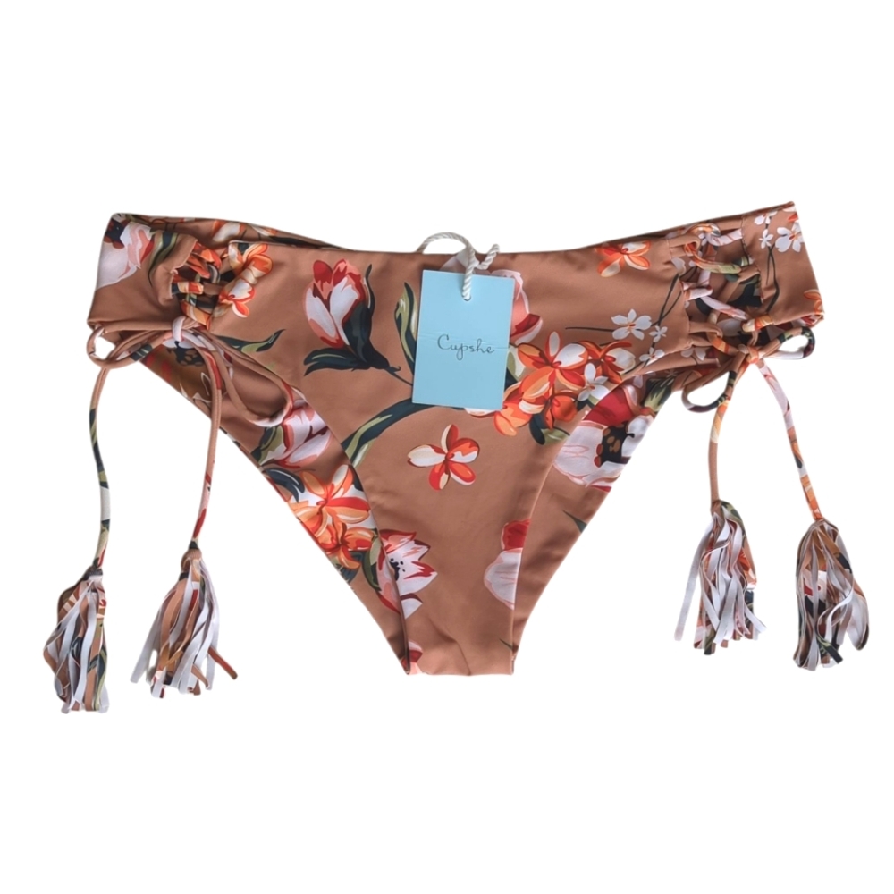 NWT Cupshe Floral Tassel Lace-Up Ruched Tropical Bikini Bottom MEDIUM Tan Coral